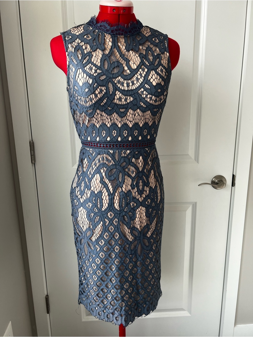 Sleeveless Navy Lace Sheath Dress with Nude Lining